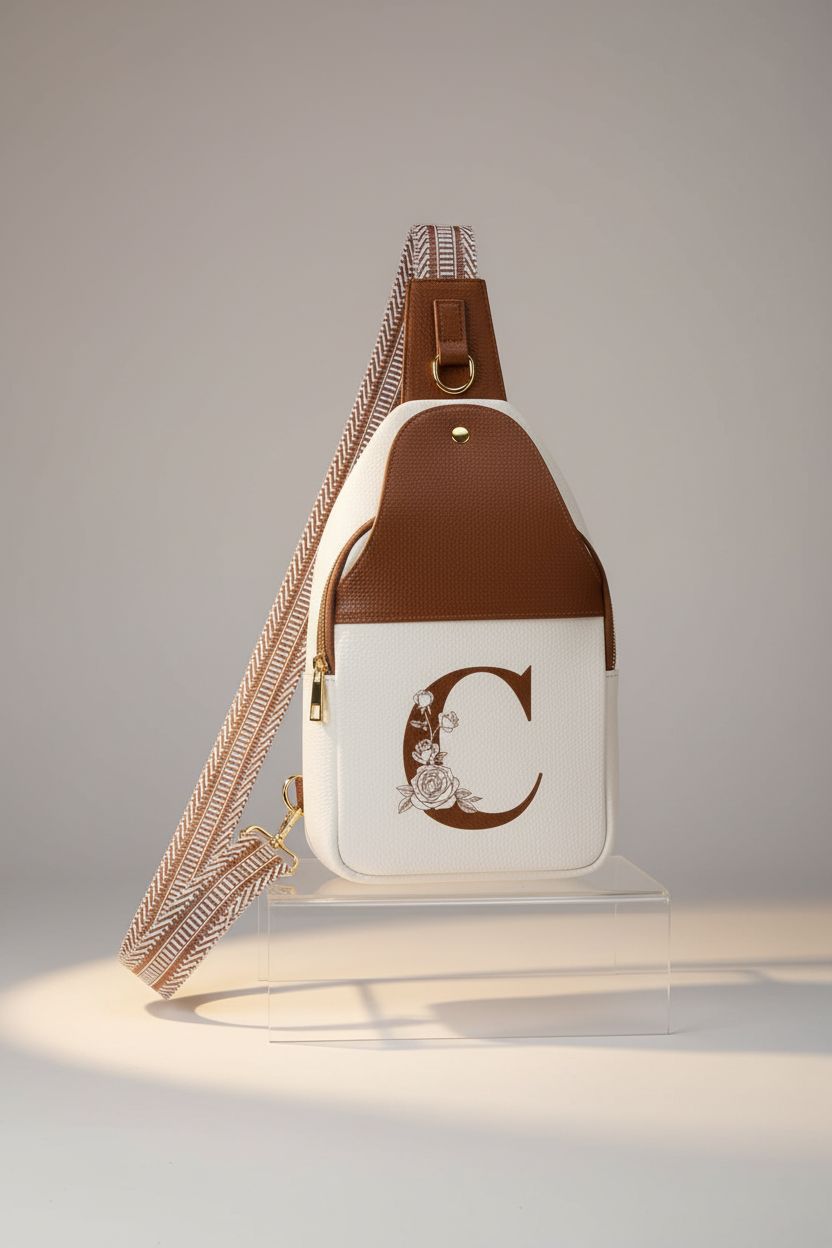 Lizznoe personalized crossbody bag showcased in a minimal studio setting, highlighting its design.