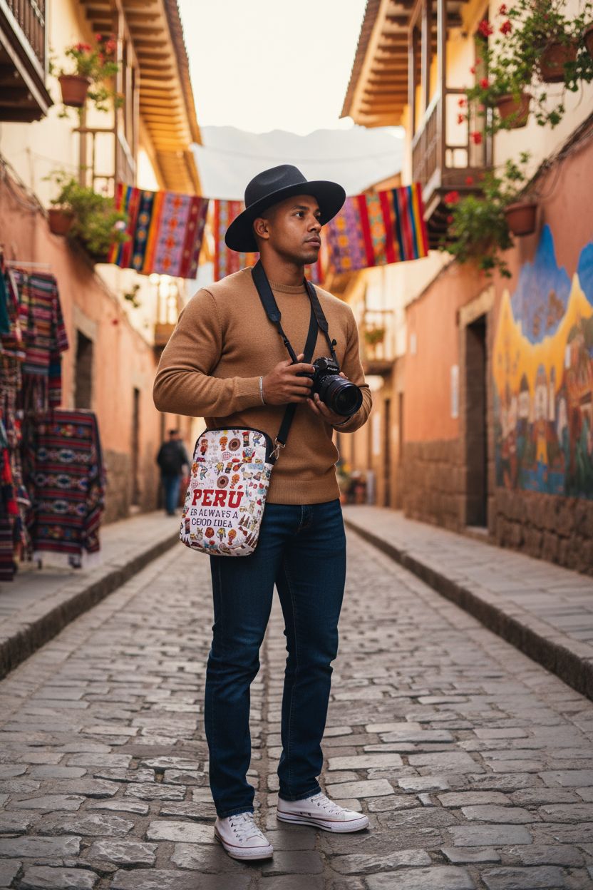 Peru-themed crossbody bag by TIIMG in historic alley, ideal for adventurous travelers.