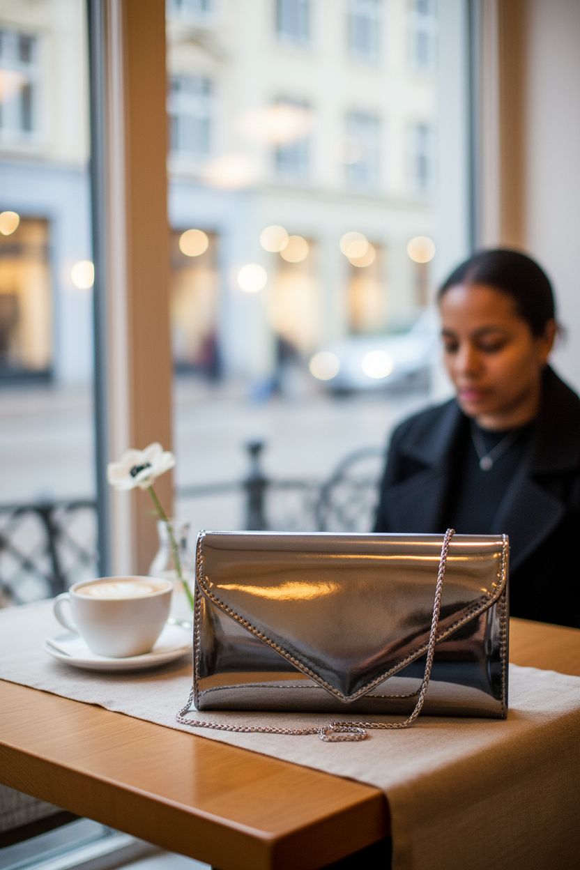 IXEBELLA pewter bag elegantly placed at a café, perfect for casual outings.
