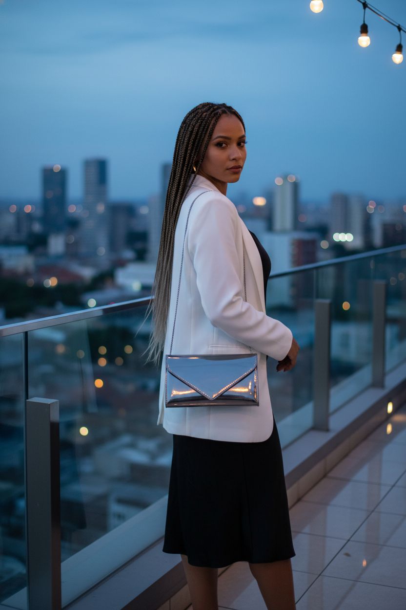 IXEBELLA pewter bag glimmers against a dusk skyline, perfect for evening events.