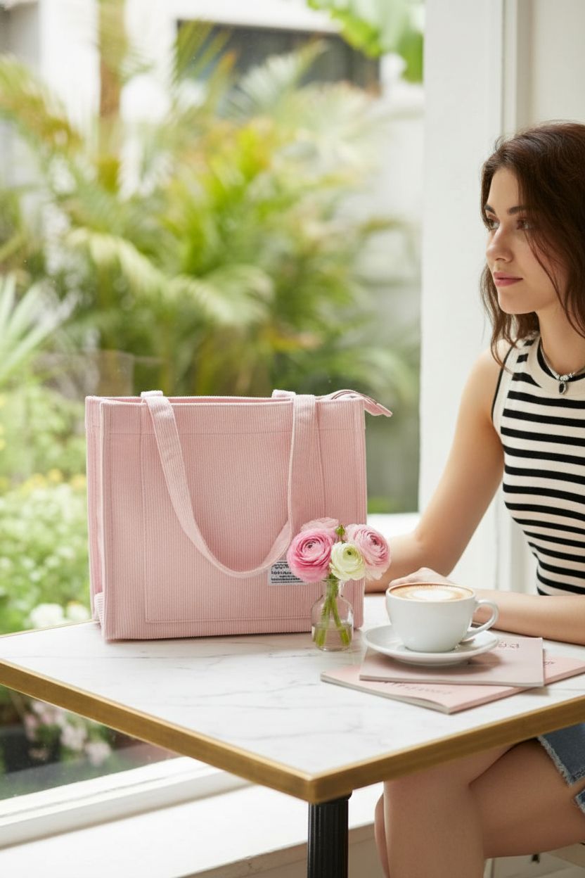 Cozy café scene featuring Valleycomfy pink corduroy tote with latte and magazine