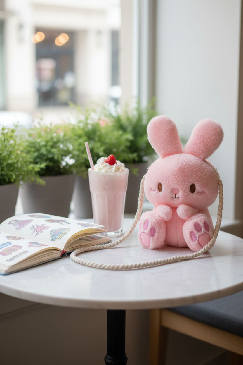 Sunch Craft pink bunny purse on marble table with milkshake and notebook, creating a cozy café vibe.