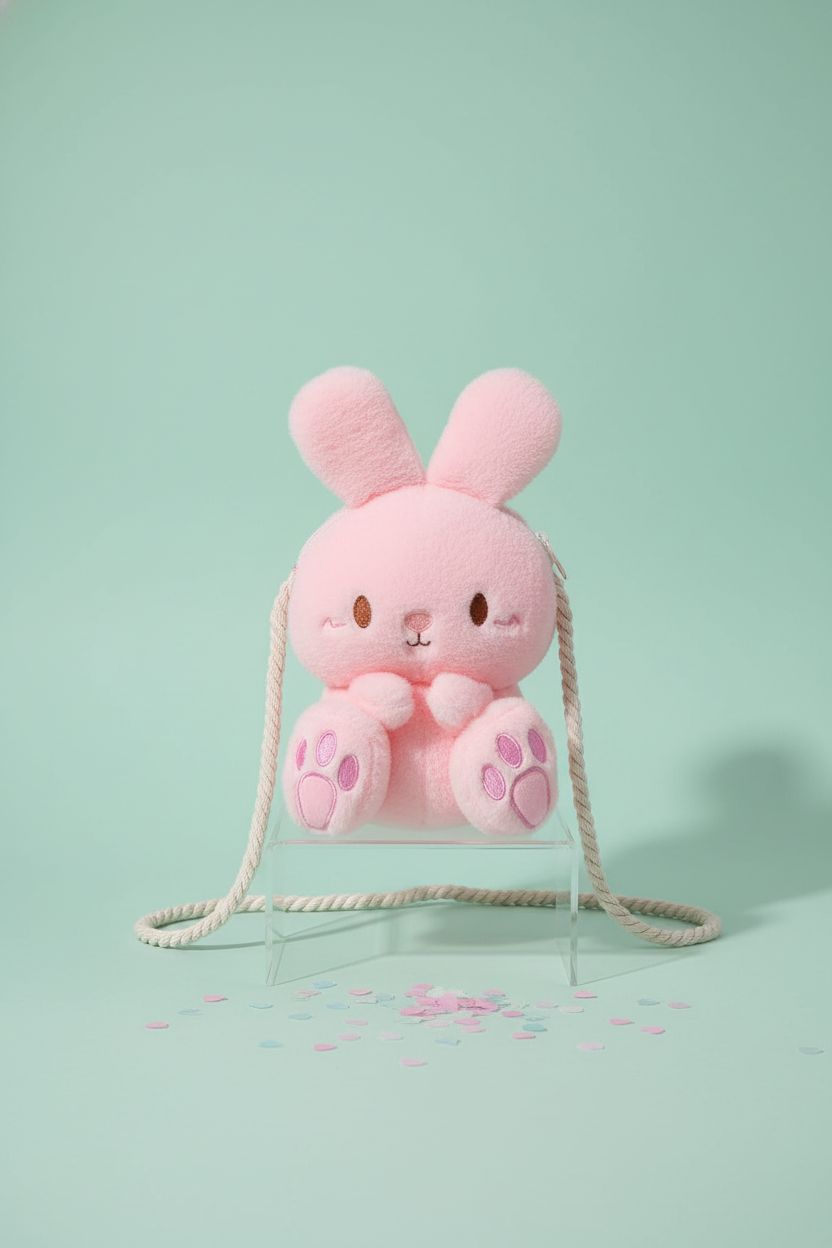 Front view of Sunch Craft pink bunny purse on mint background showcasing its plush design and details.