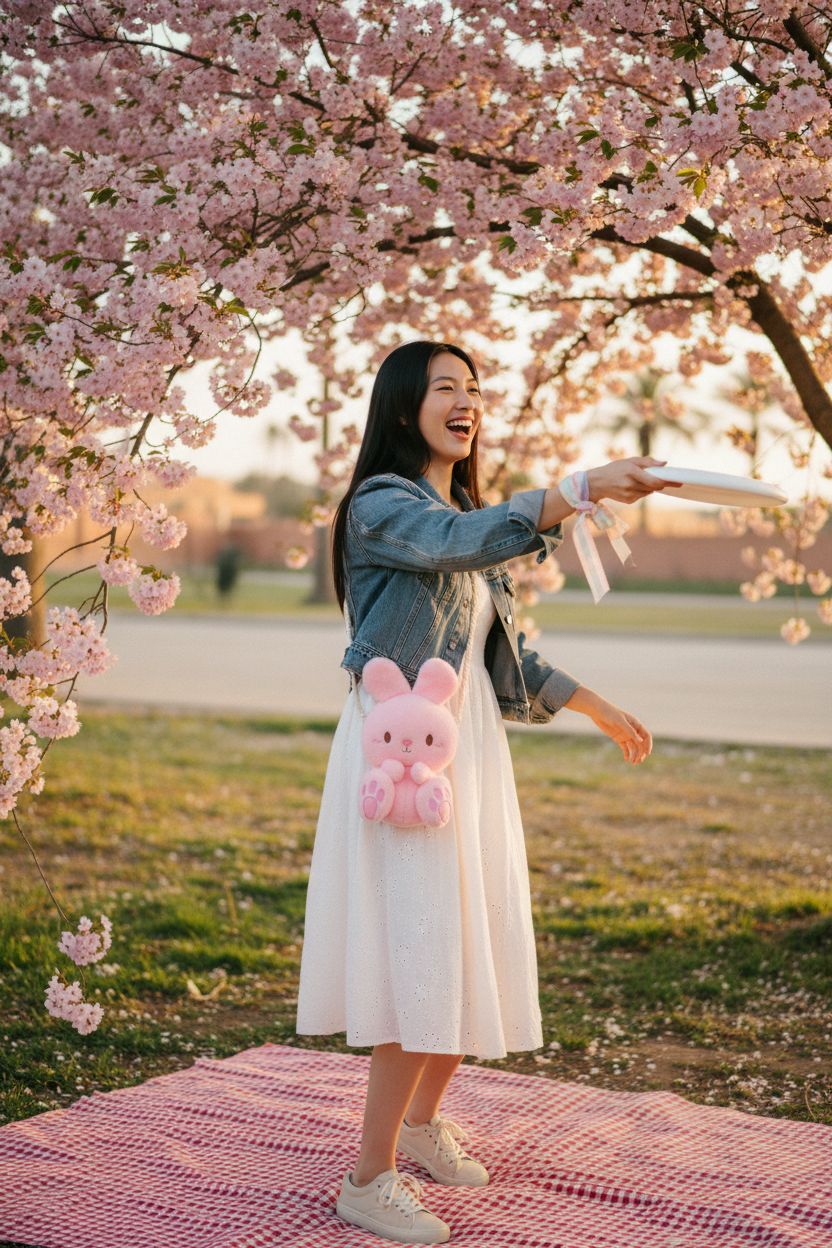 Sunch Craft pink bunny purse hanging at hip, vibrant against cherry blossoms, perfect for outdoor fun.