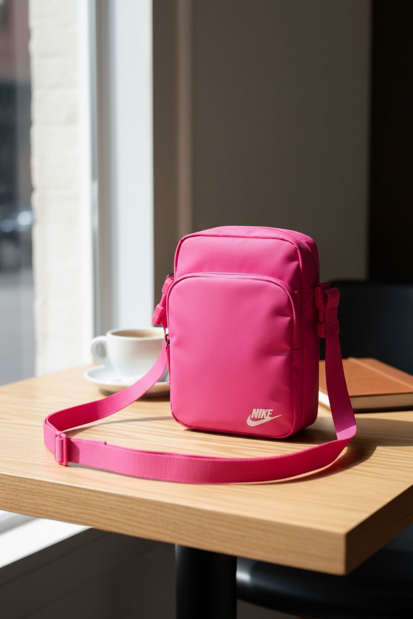 Nike pink crossbody bag elegantly displayed on a café table, highlighting its design and texture