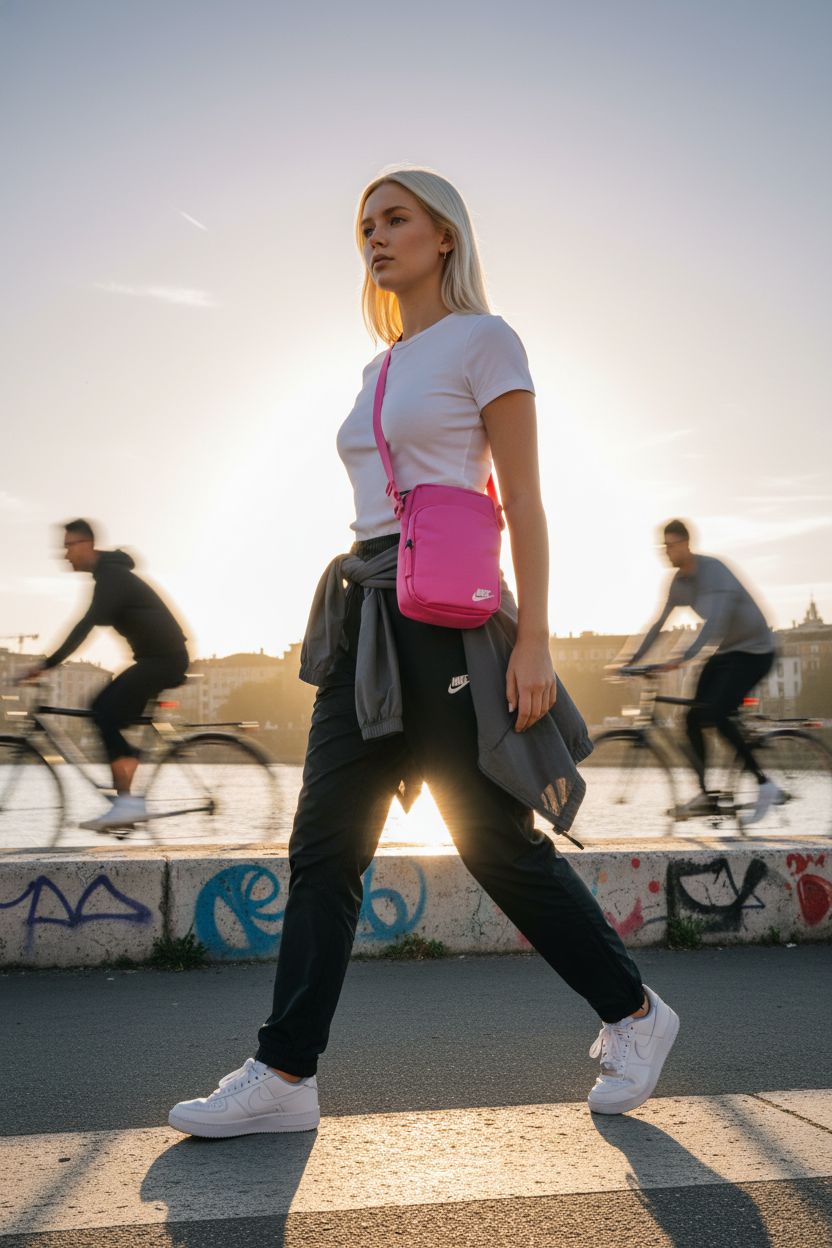 Nike Unisex Heritage Crossbody Bag in Playful Pink, stylishly showcased during golden hour