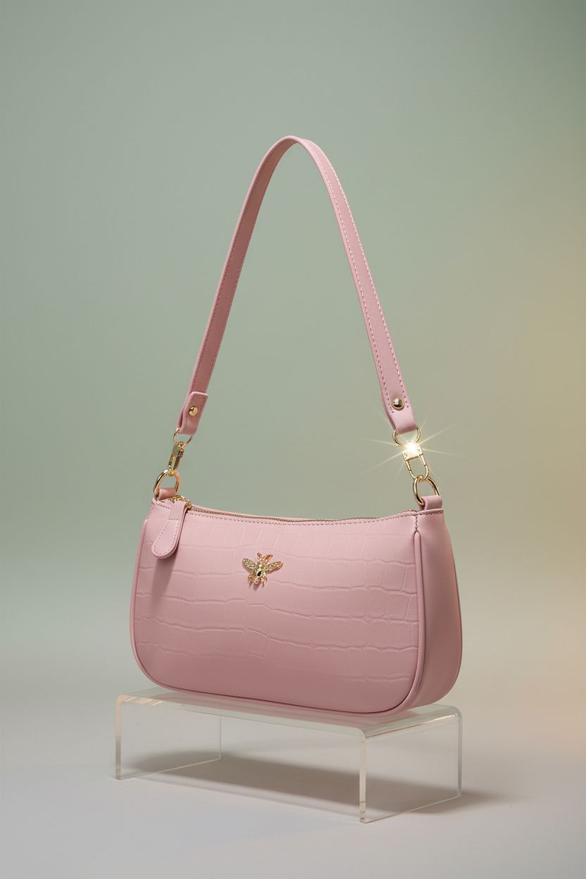 Pink BAIKELI mini tote on a clear riser, highlighting its design and elegant gold accents.