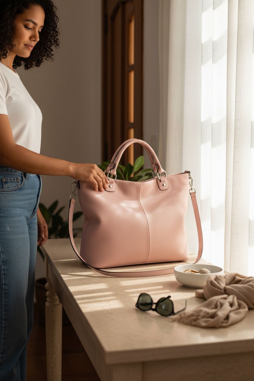 Kattee pink leather tote bag elegantly placed in a cozy home entryway