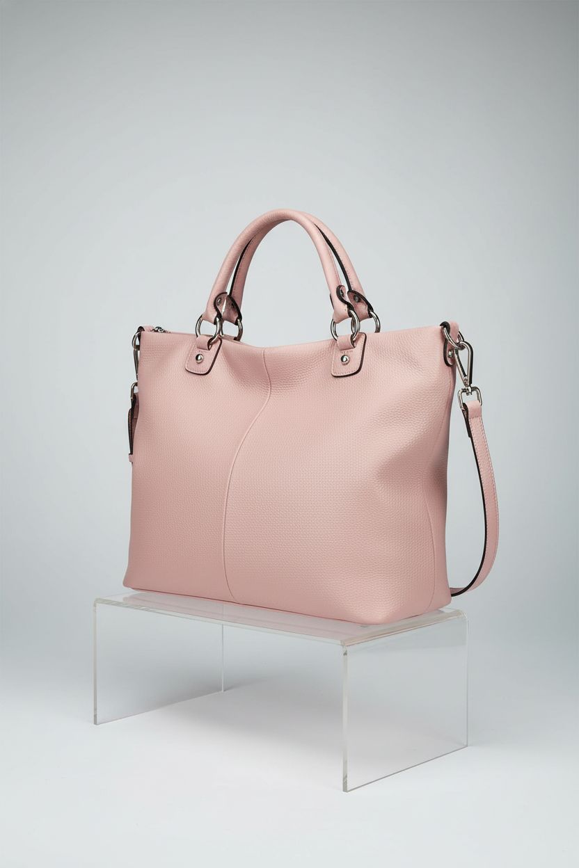 Kattee pink leather tote bag displayed on an acrylic riser with detailed features