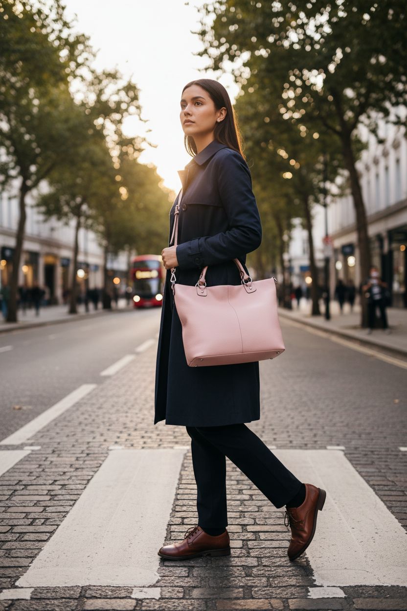 Kattee pink pebbled leather tote bag worn crossbody during golden hour stroll