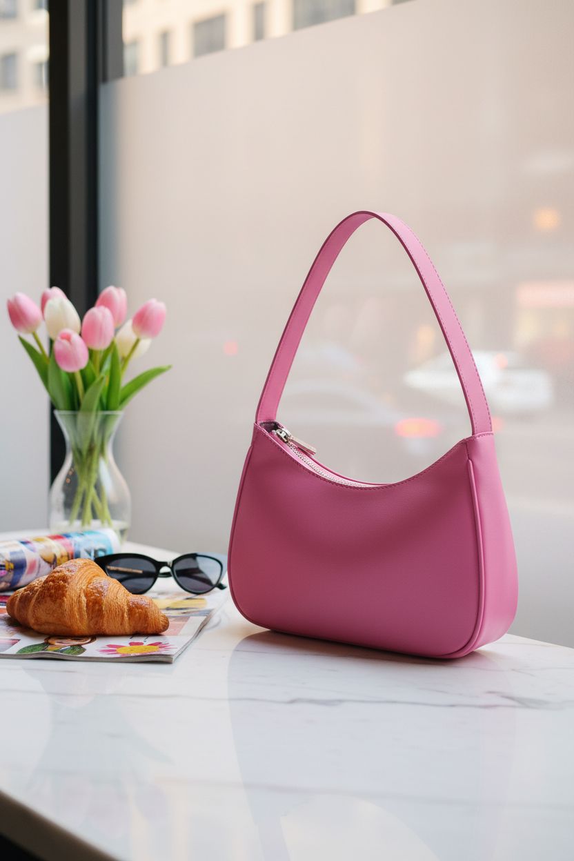 Pink hobo purse by CYHTWSDJ on marble table in a cozy café with tulips and a magazine.
