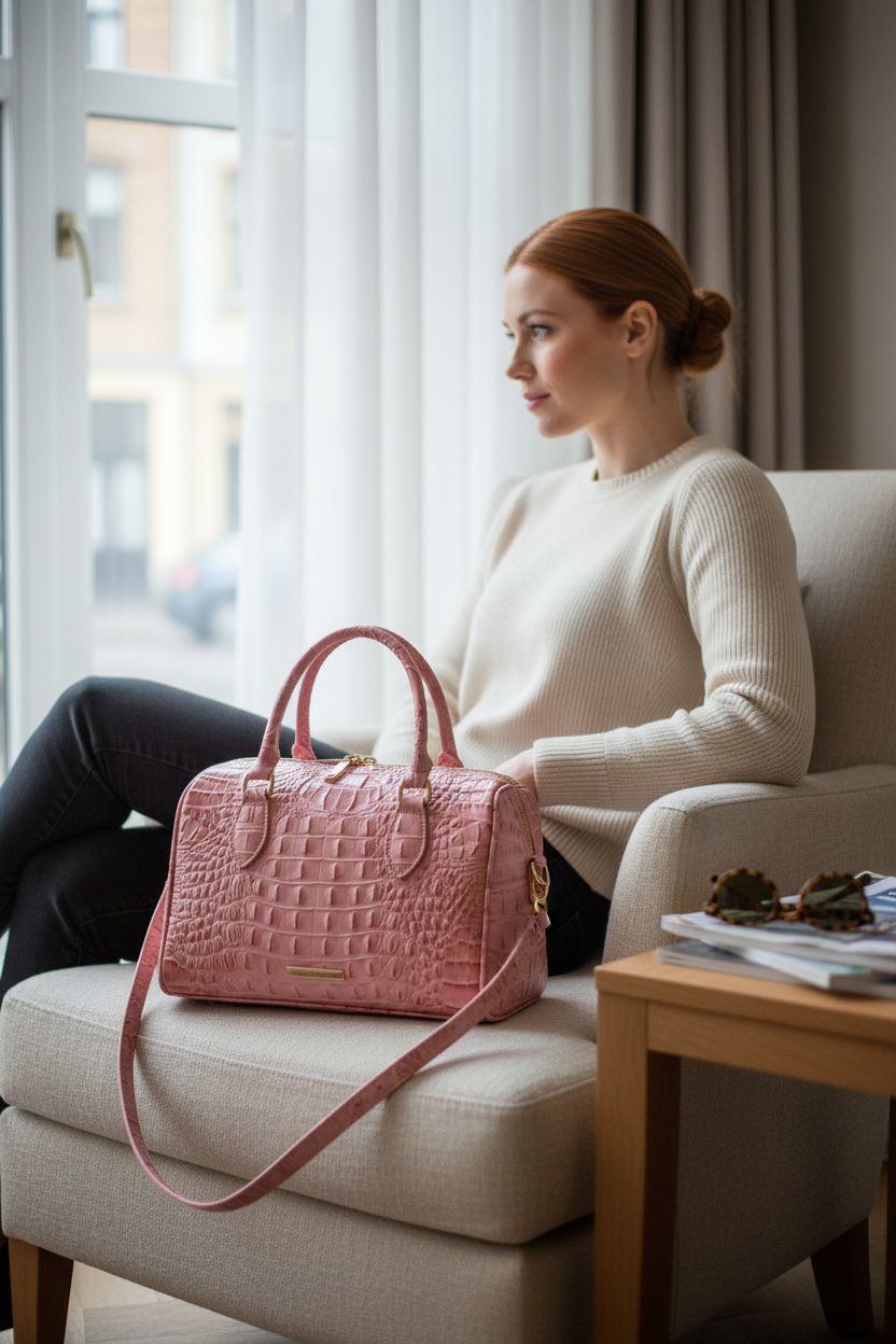Makcr Joacbv pink satchel purse resting on a cream armchair in a boutique hotel