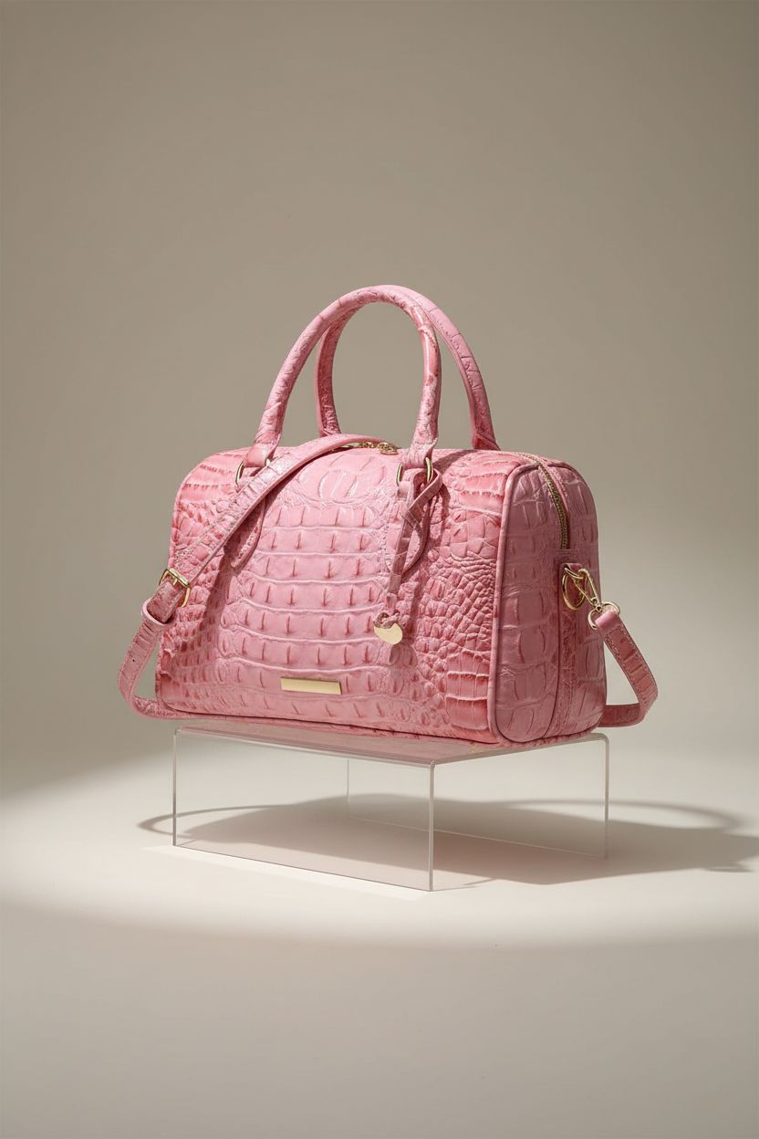 Elegant pink crocodile-embossed satchel purse by Makcr Joacbv on a gray backdrop