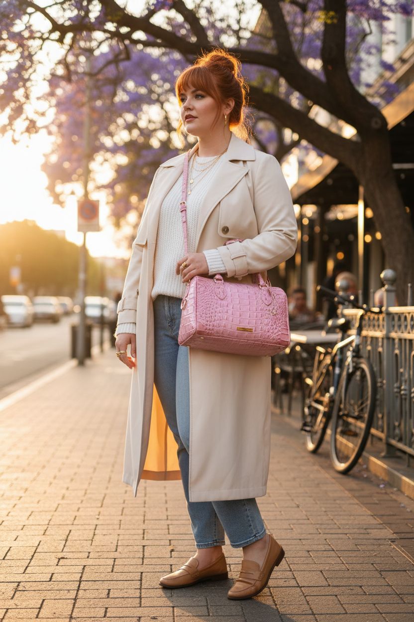 Pink crocodile-embossed satchel purse by Makcr Joacbv worn crossbody on a city sidewalk