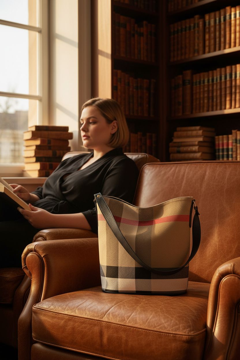 Onneurye plaid bucket tote elegantly displayed in a cozy library setting.