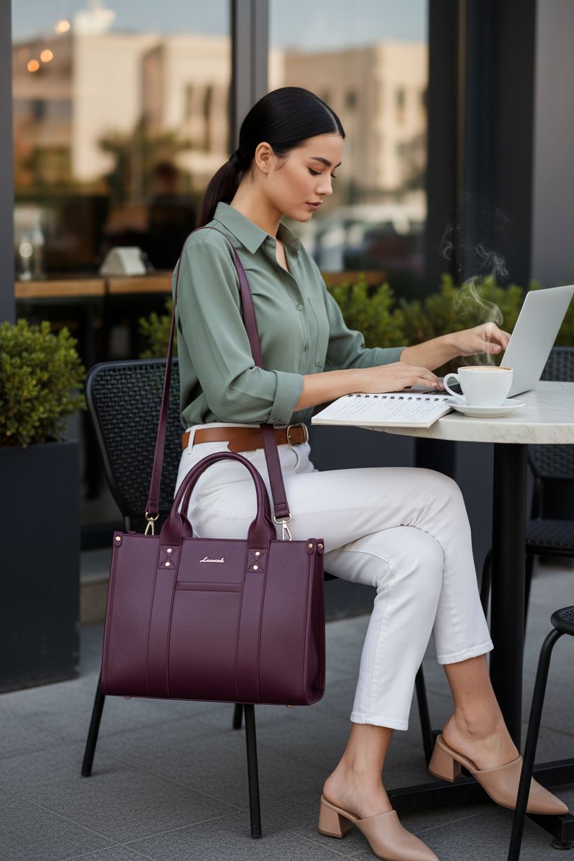 LOVEVOOK plum tote bag resting on a bistro table with a laptop and coffee, showcasing versatility.