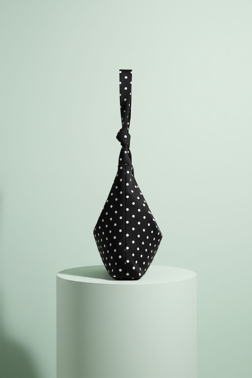 Close-up of black polka dot canvas handbag by WLLJYSJZL on mint backdrop