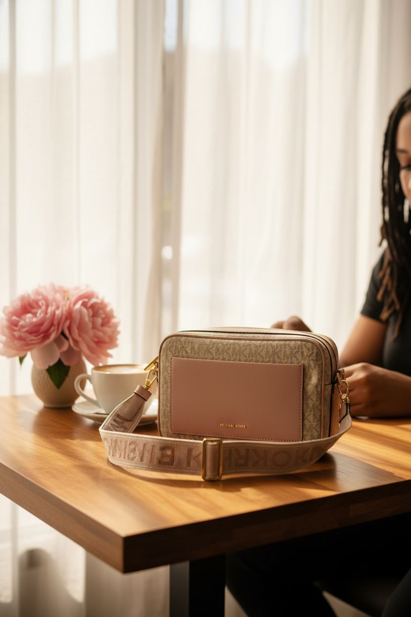 Michael Kors Maeve Crossbody Bag by a latte and peonies in bright cafe ambiance