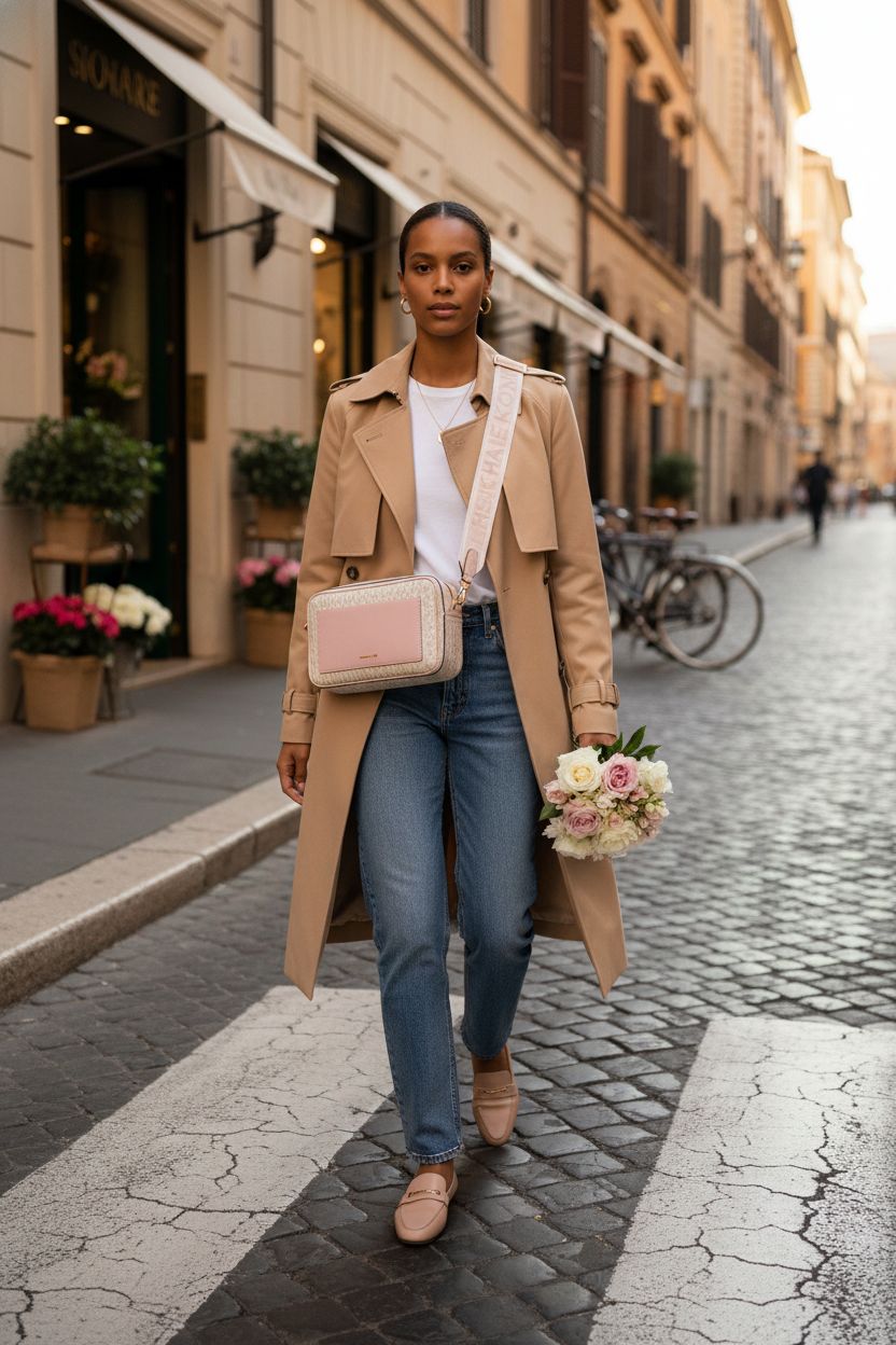Michael Kors Maeve Crossbody Bag in Gold-Tone Hardware with soft pink accents, perfect for outings
