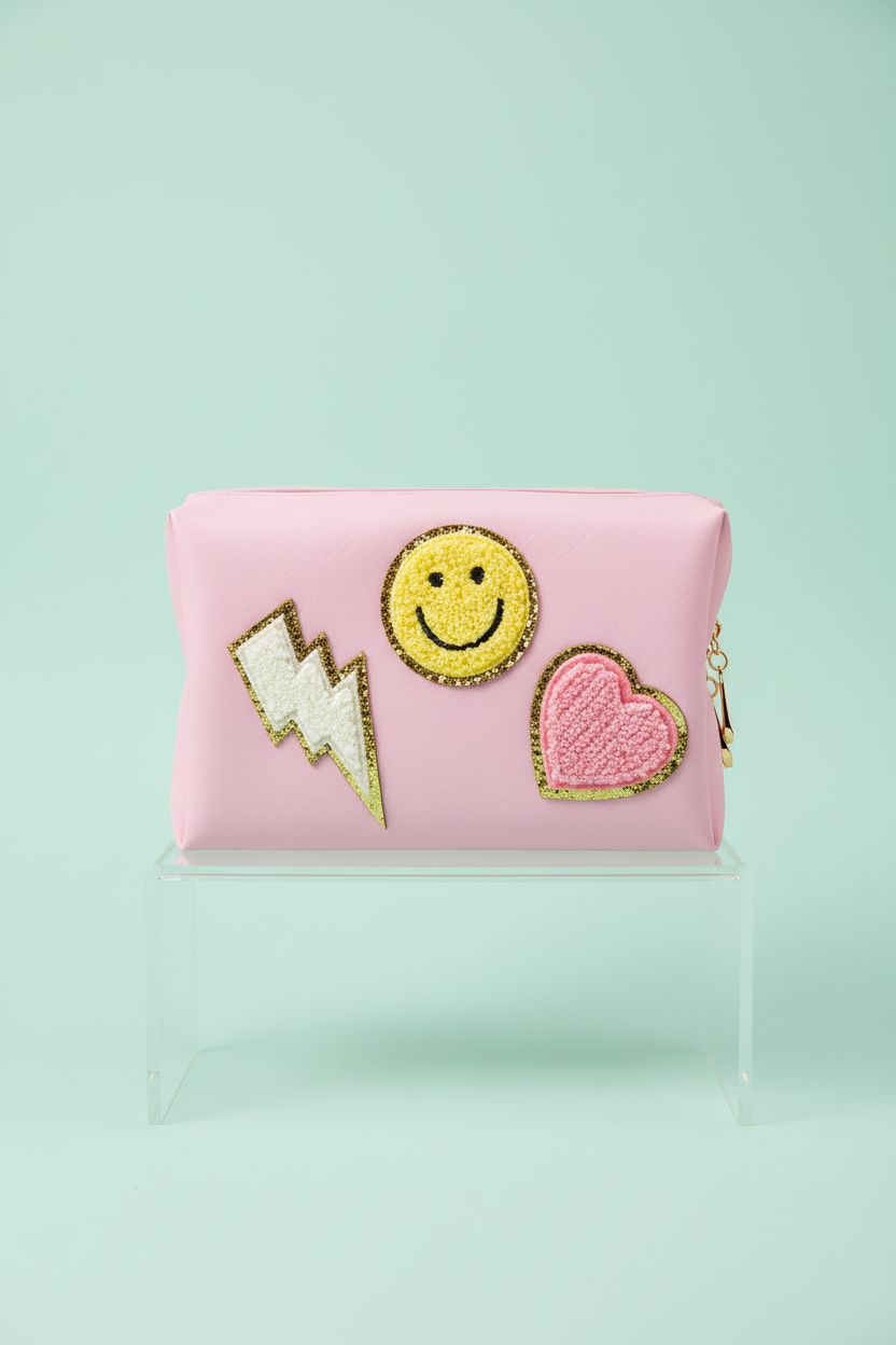 LieToi preppy pink toiletry bag with gold zipper, showcasing its stylish patches and PU leather finish.