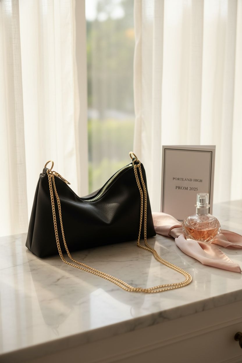 oscaurt Women's Evening Handbag resting on a marble vanity, perfect pre-prom accessory.