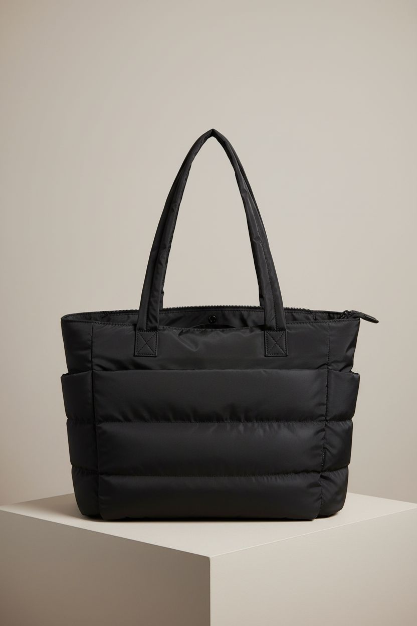 Product shot of BAGSMART black puffer tote bag highlighting its quilted design and zipper