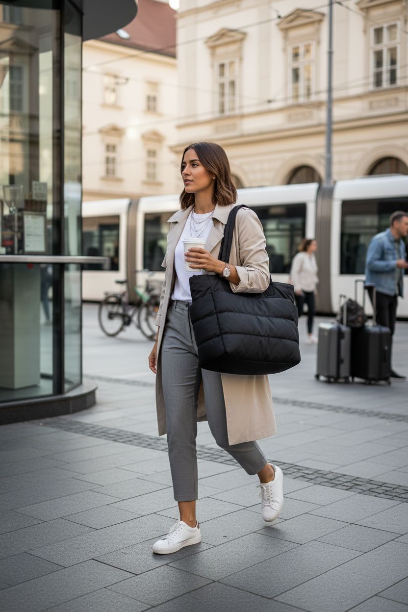 Black BAGSMART puffer tote bag worn on shoulder in a sunlit plaza, perfect for everyday use