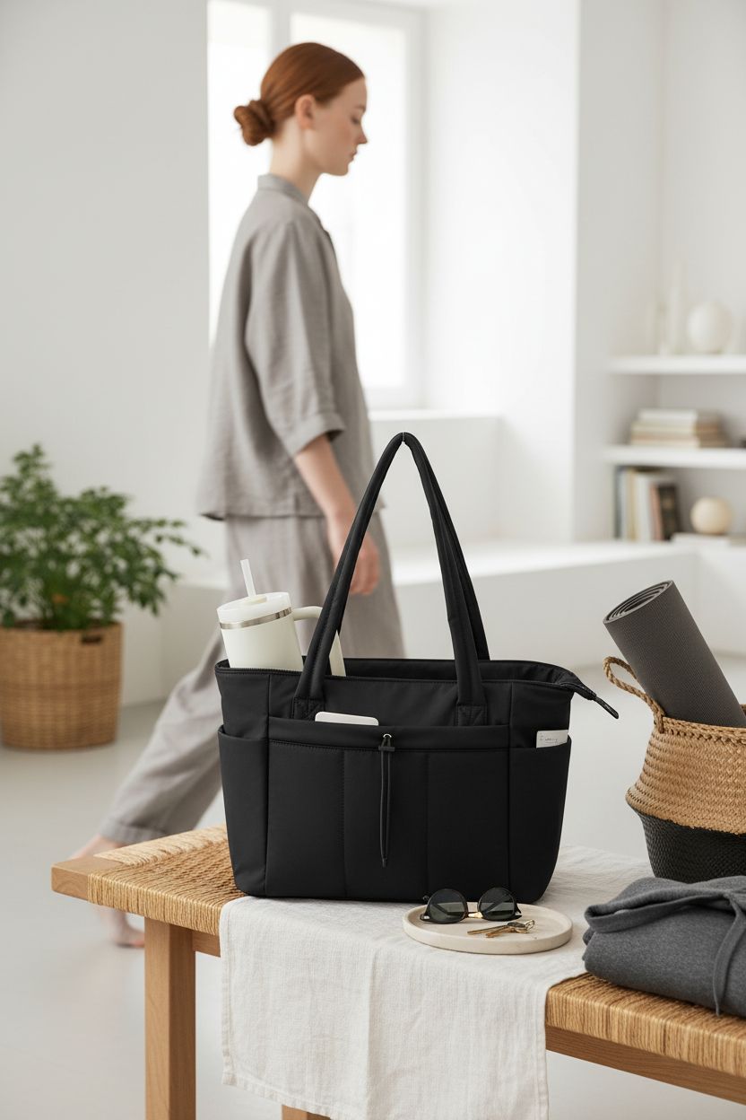Wandering Nature puffer tote bag resting on a light oak bench, showcasing its stylish design and function.