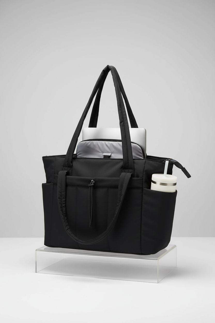 Wandering Nature puffer tote bag opened to display padded laptop sleeve and tumbler pocket.