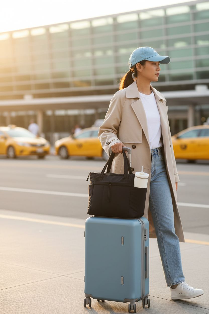 Wandering Nature puffer tote bag on trolley sleeve, 40 oz tumbler visible for travel convenience.