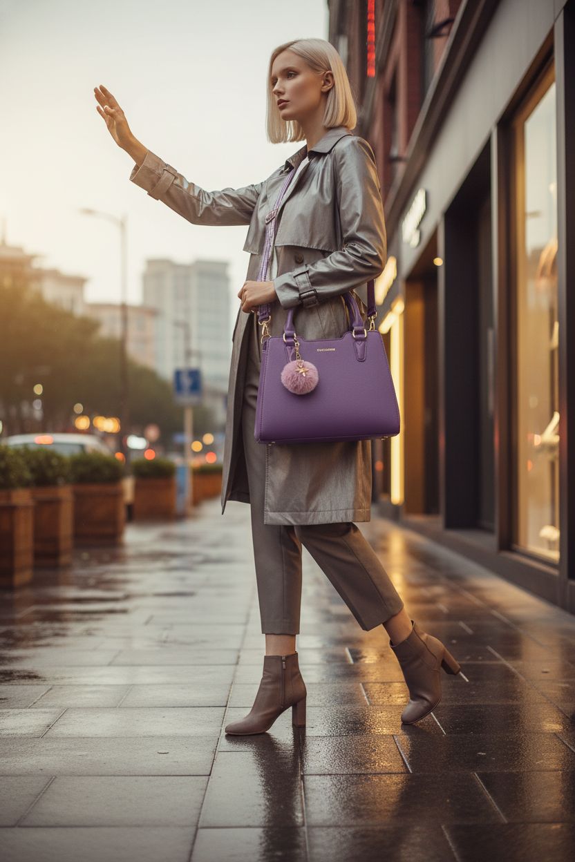 IGOLUMON purple handbag worn crossbody on a chic sidewalk, showcasing waterproof design.