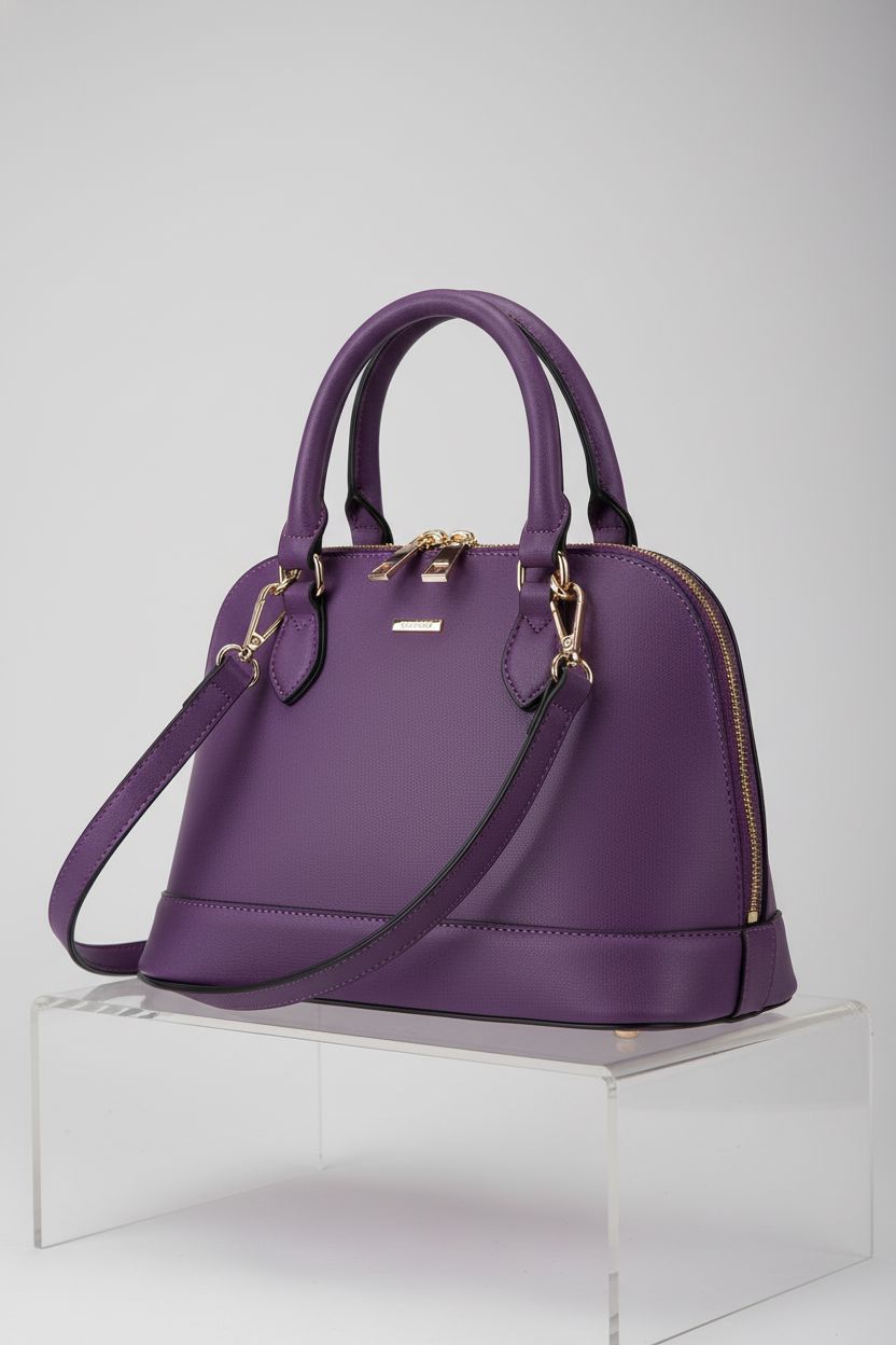 Close-up of LOVEVOOK purple dome bag showcasing vegan leather and quality details.