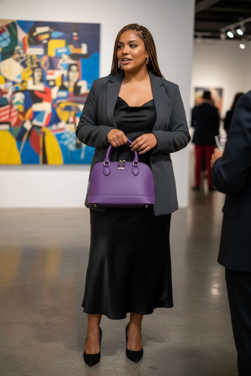 Chic LOVEVOOK purple crossbody bag with double zip and dome shape at a gallery. 