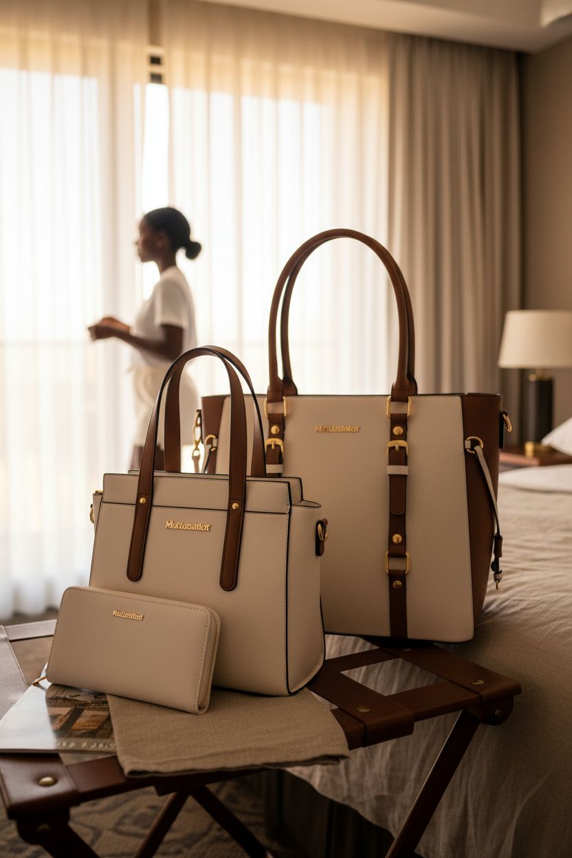 Montana West purse and wallet set displayed in a boutique hotel, showcasing cream leather and warm textures.