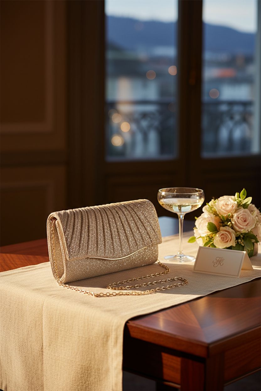 Charming champagne clutch purse from lovyoCoCo, showcased in a classy reception setting.