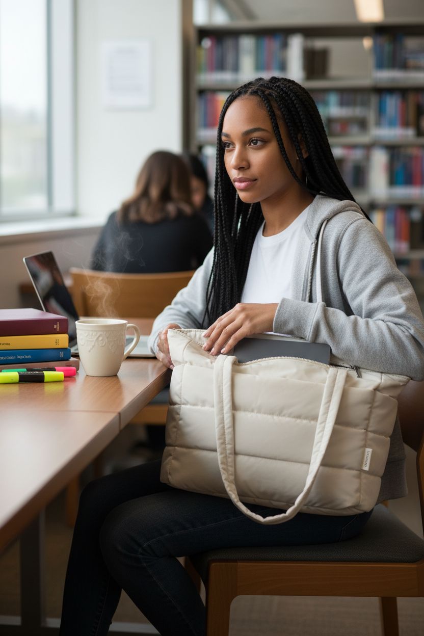 BAGSMART quilted tote bag in a library setting, showcasing its organized interior and style