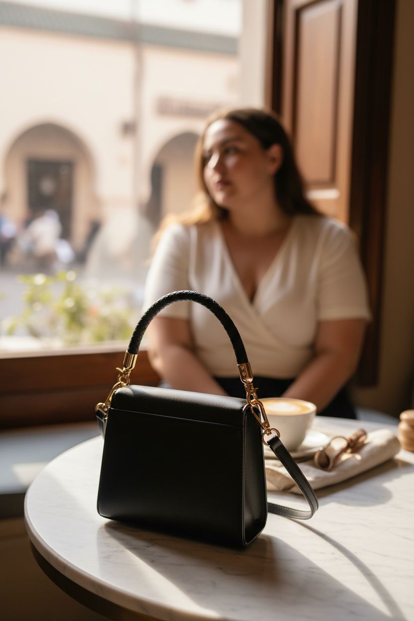 Elegant Yuomeaz braided purse handle resting on a marble table in a cozy café setting with soft morning light.