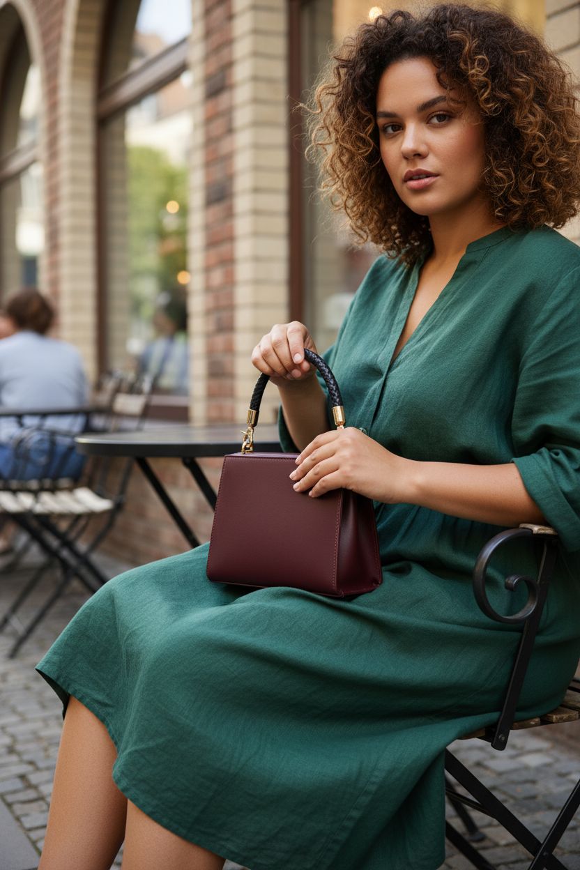 Yuomeaz short black purse handles showcasing easy clip attachment on a deep burgundy handbag at a café.