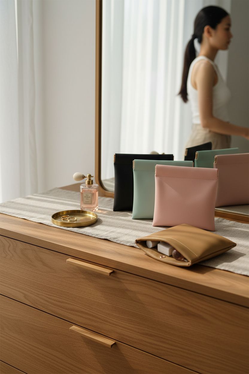 Elegant BUSOHA pouches resting on an oak dresser, adding a touch of calm to your morning routine.