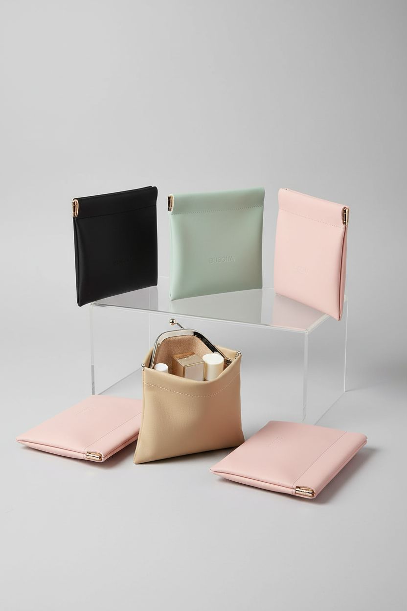 Four BUSOHA makeup pouches displayed on a light gray backdrop, highlighting their sleek design and functionality.