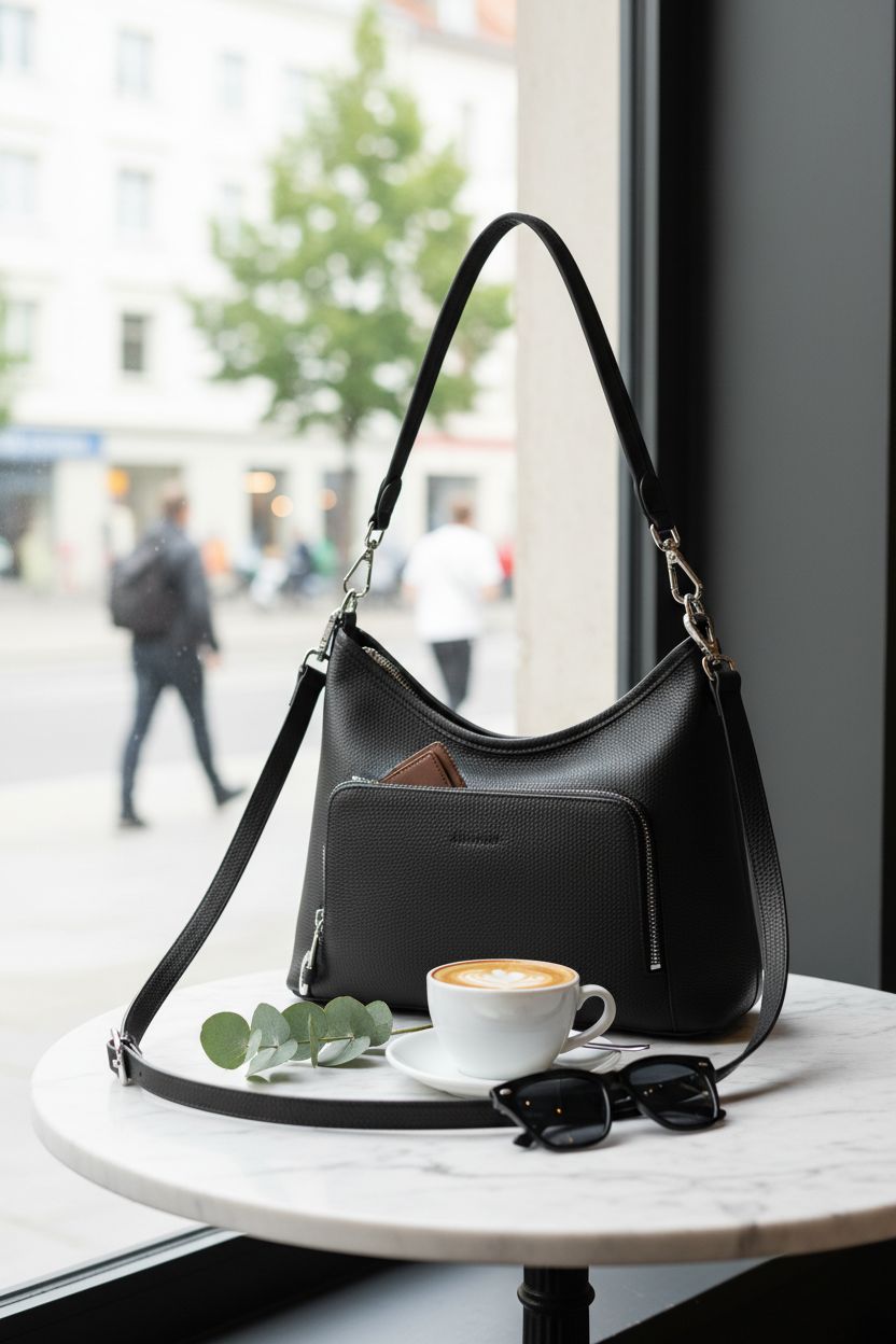 Befen black purse with integrated wallet on marble table, elegant styling with coffee and greenery.