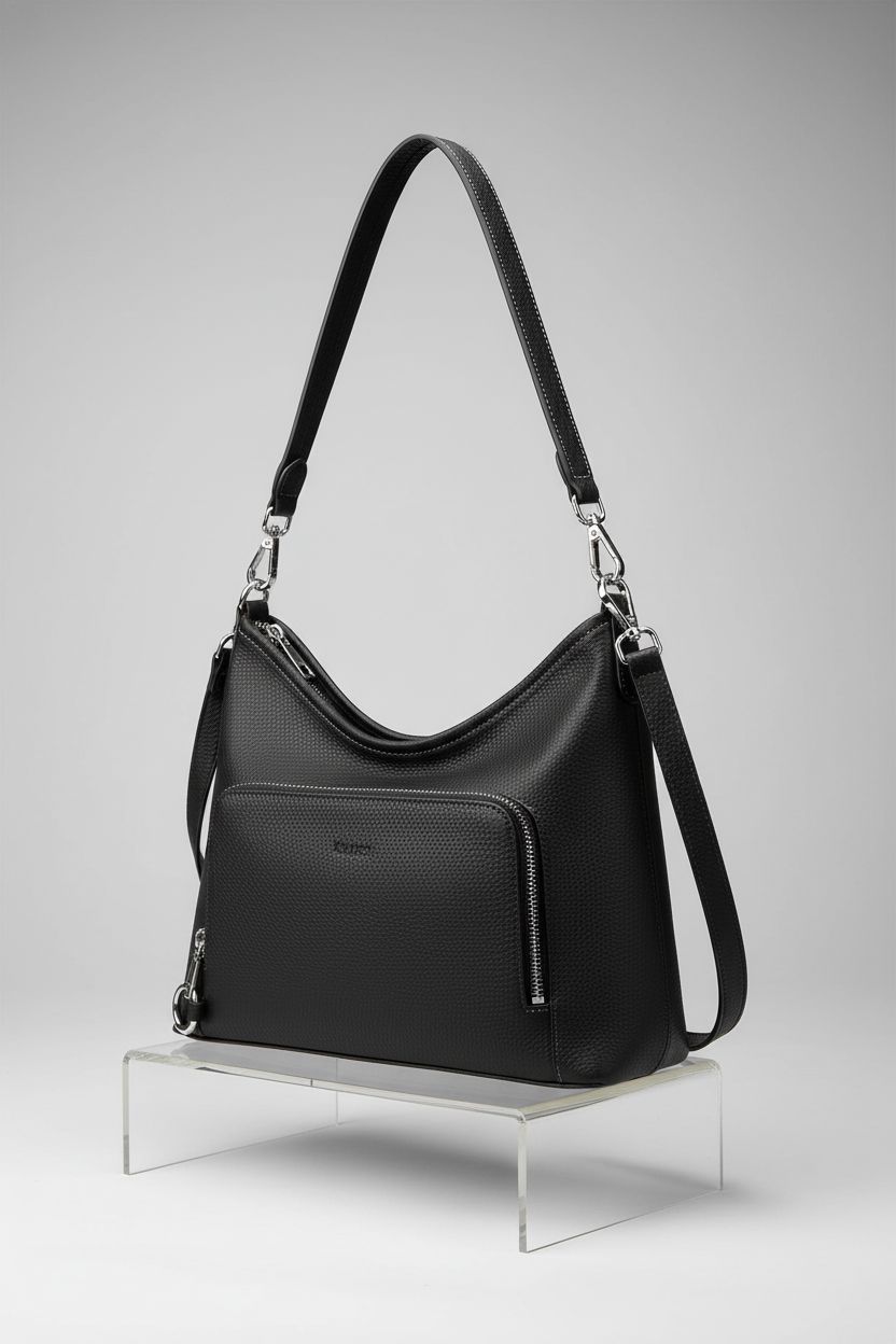 Befen black hobo bag with RFID wallet, showcasing adjustable straps and zipper details on display.