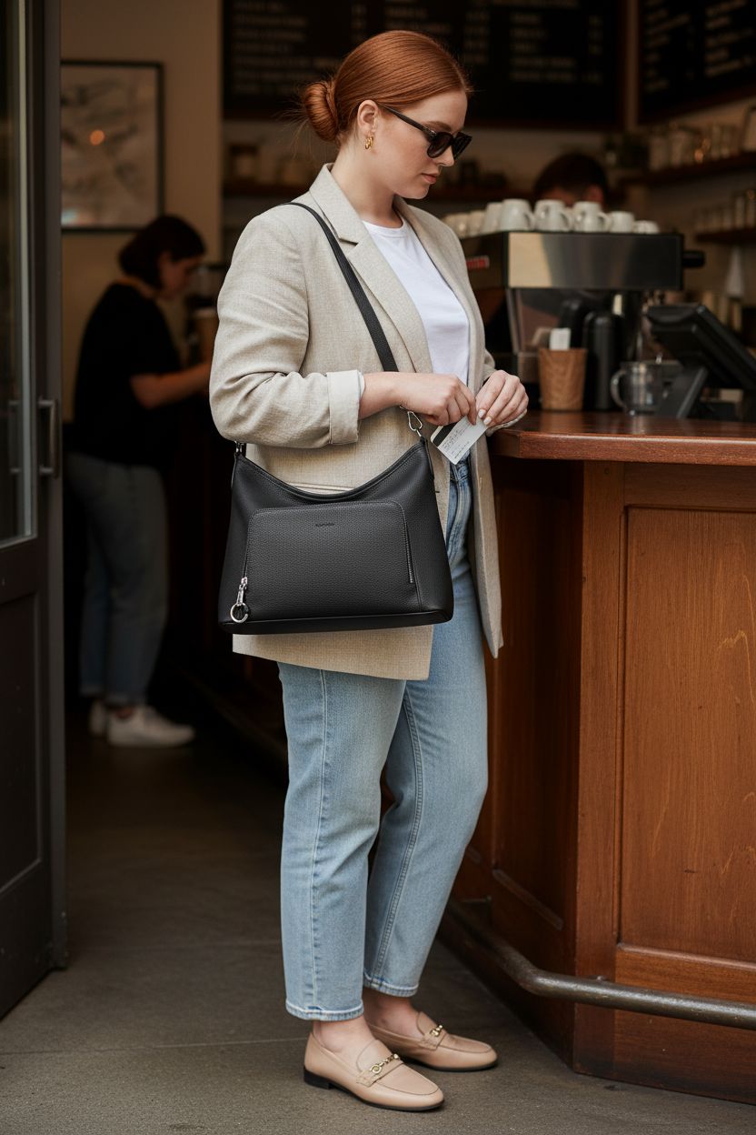 Befen black hobo bag with built-in RFID wallet, pebbled leather texture, stylish crossbody design.