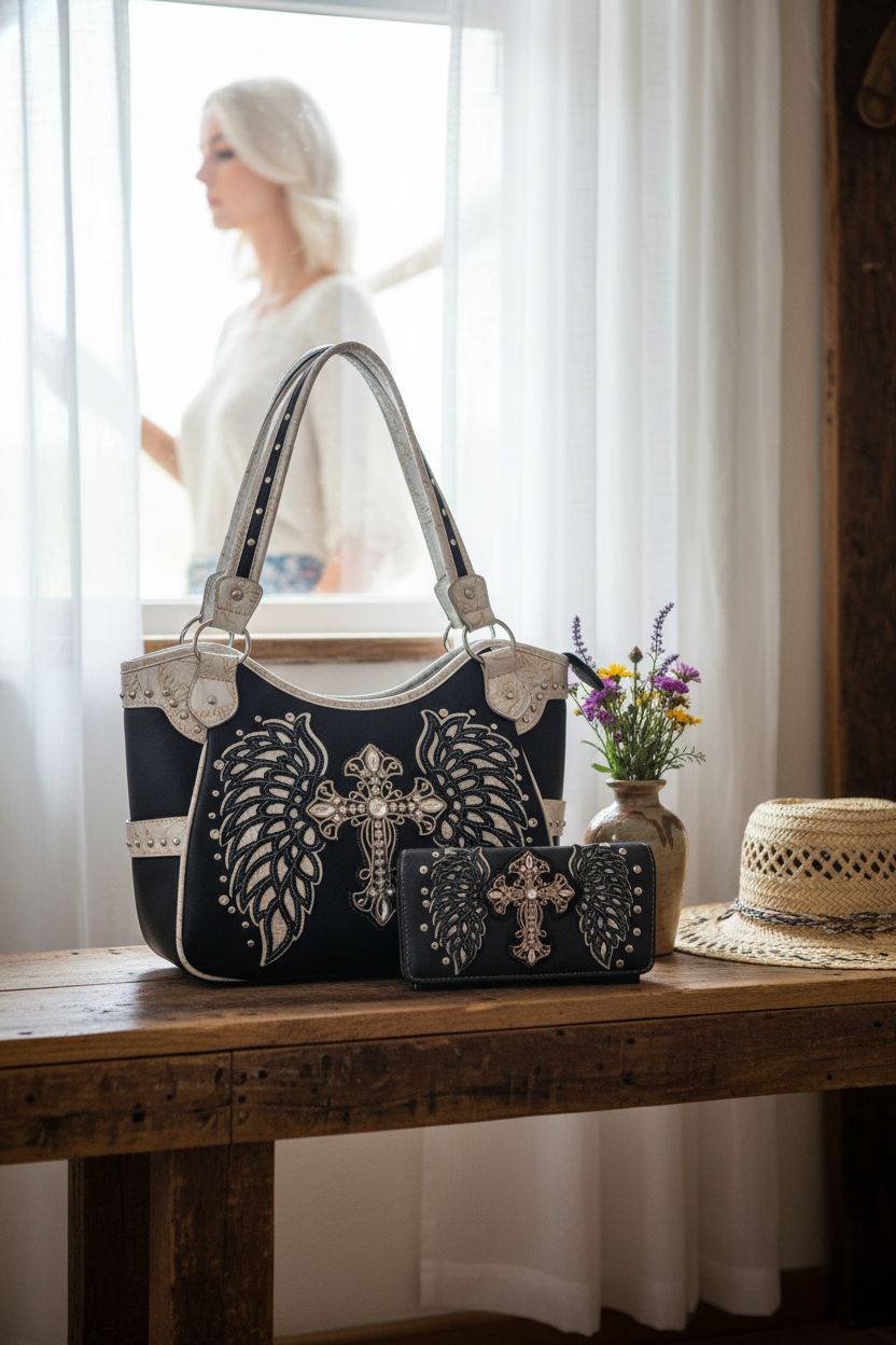 Elegant Western Origin purse with cross logo, resting beside a hat and flowers in cozy lodge setting.