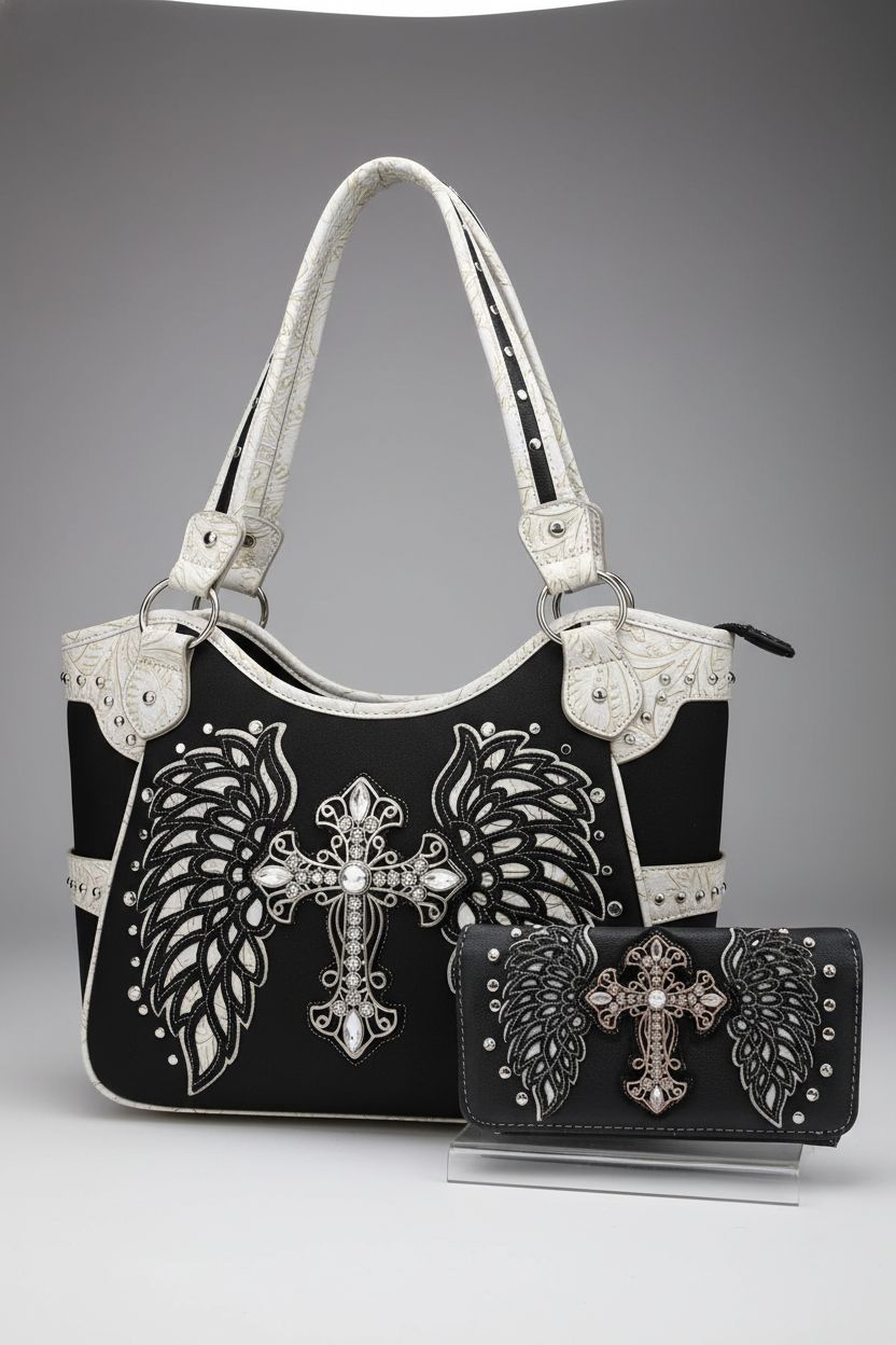 Close-up of Western Origin purse with cross logo, highlighting its quality and design features.