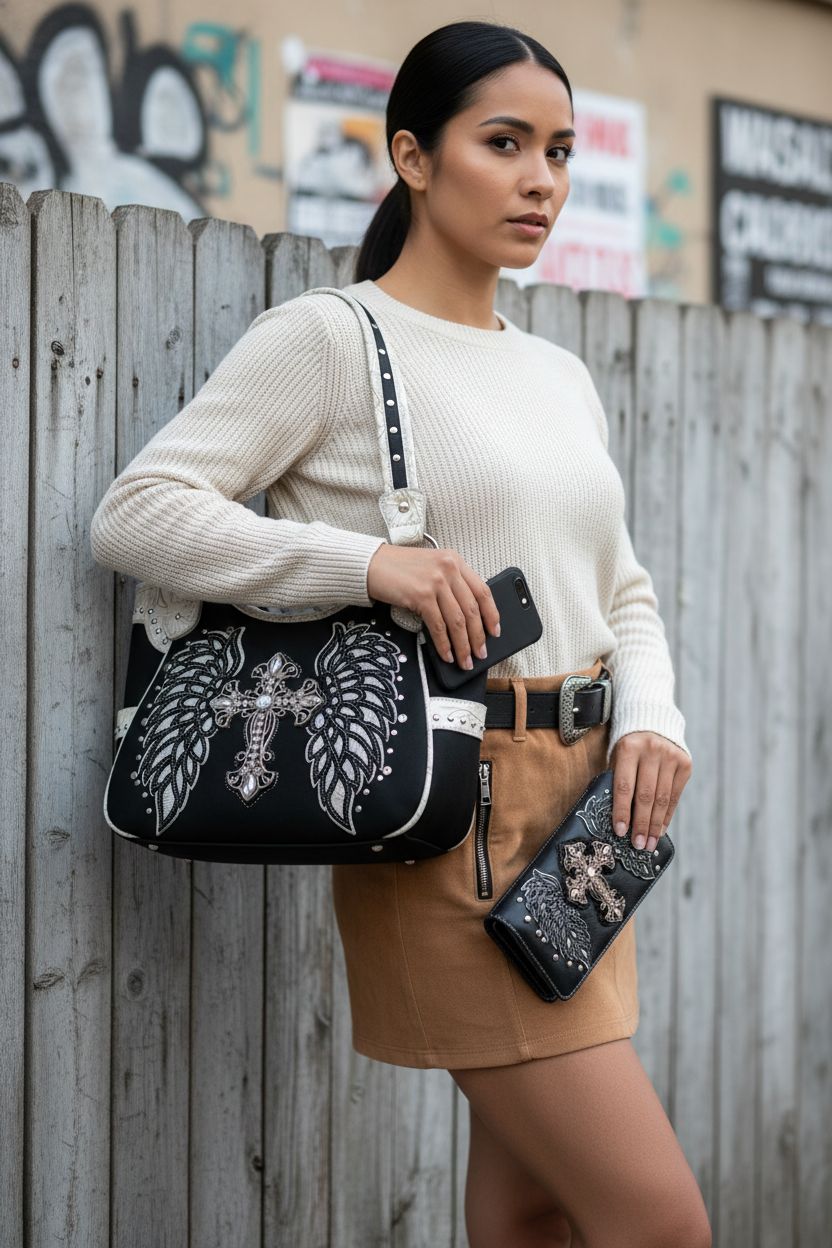 Black and silver Western Origin purse with cross logo, paired with matching wallet, casual vibe.