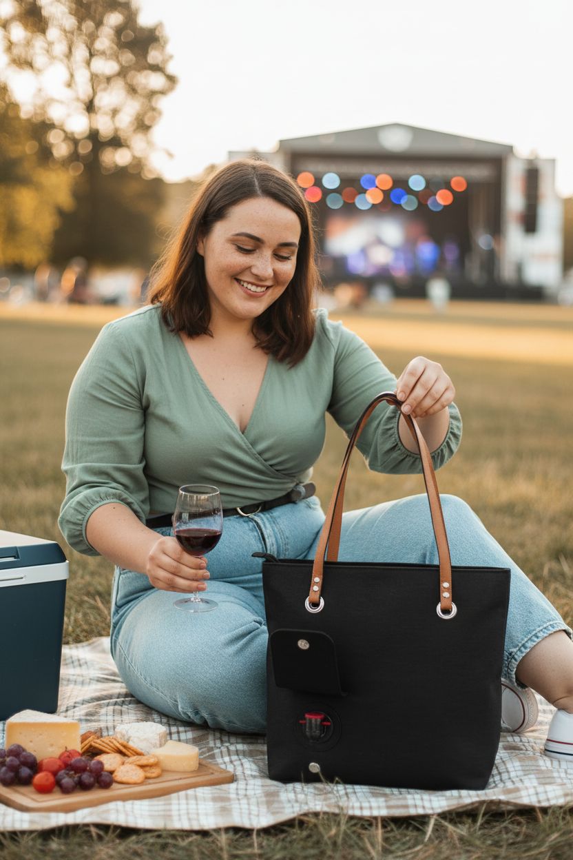 doksmeria black canvas tote bag with hidden spout at outdoor concert