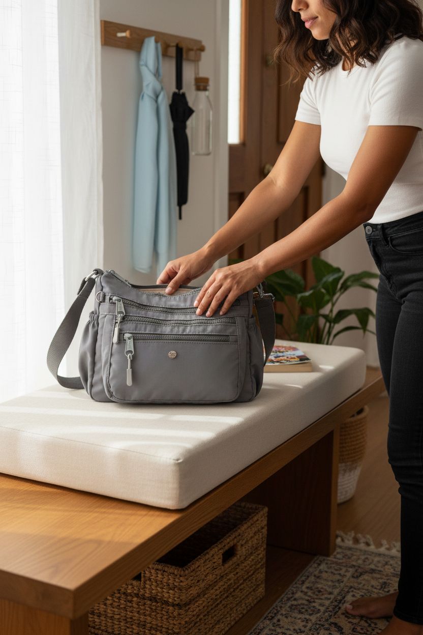 AOCINA gray nylon crossbody bag resting on an oak bench, highlighting its spacious pockets