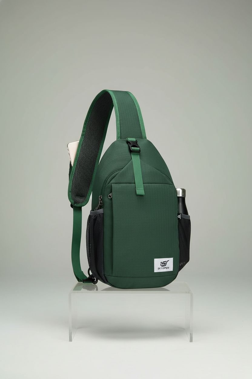 Stylish SKYSPER sling bag made from recycled materials on display