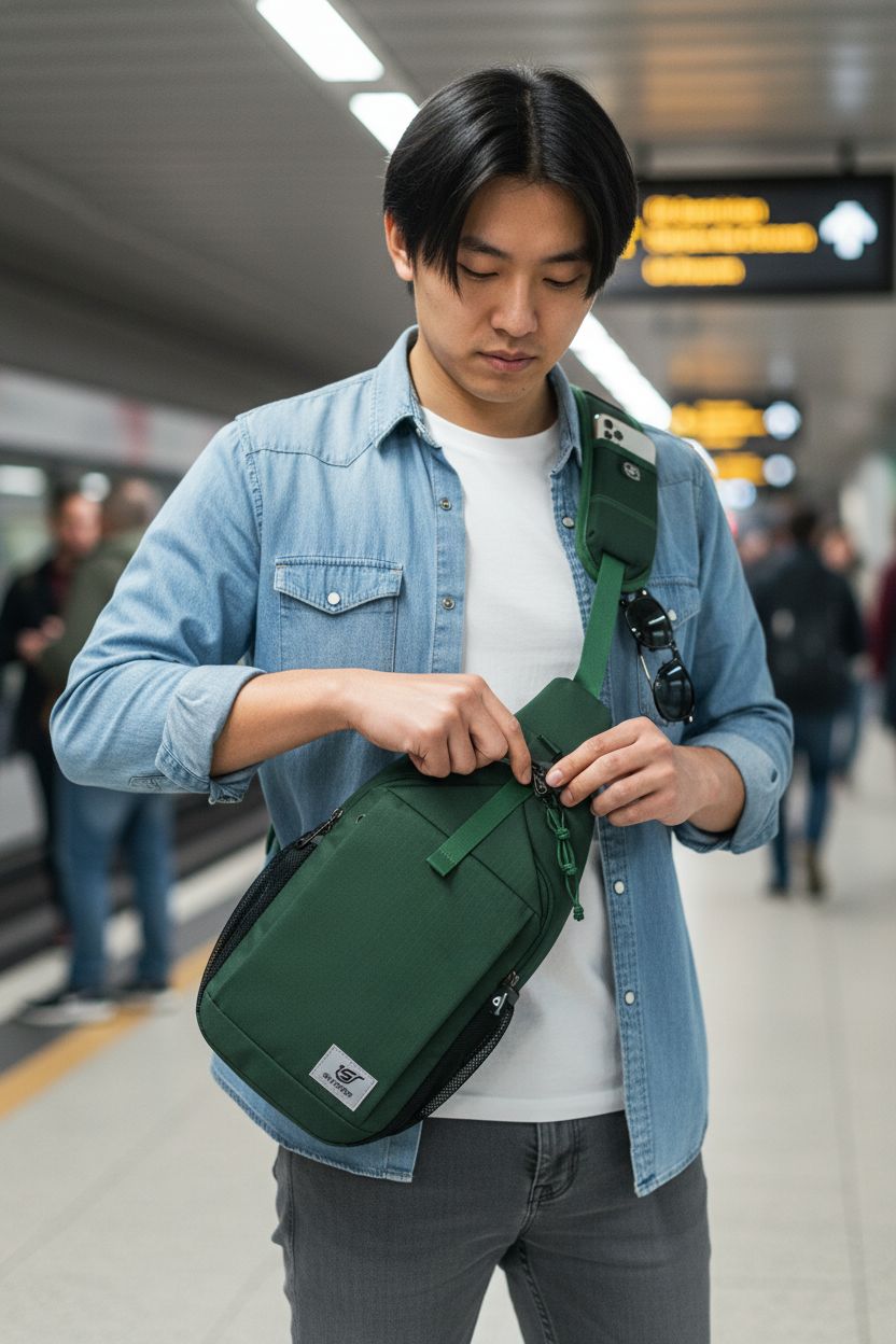 SKYSPER dark green sling bag made from recycled plastic bottles on transit platform